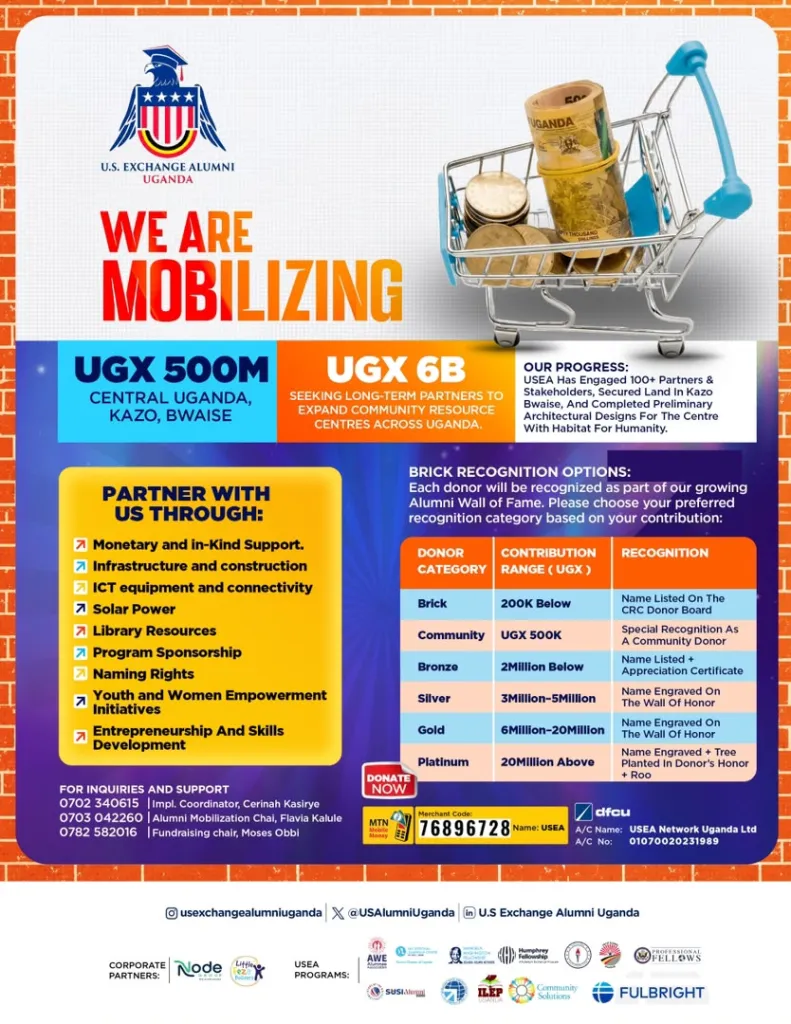 Flyer: We Are Mobilizing. UGX 500M for the Central Uganda centre in Kazo, Bwaise, UGX 6B for centres across Uganda, ways to partner and brick recognition options.